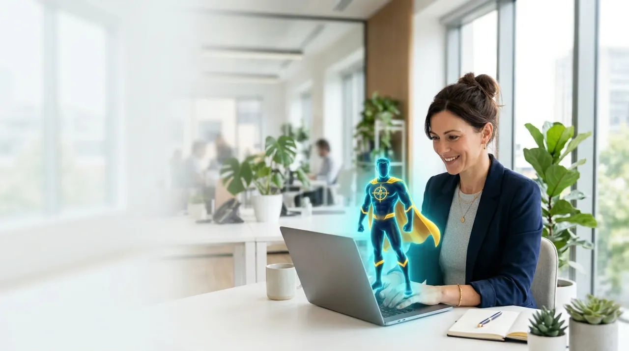 Eine Berufstätige arbeitet an ihrem Laptop; ein kleiner, leuchtender holografischer Super-Agent steigt aus dem Bildschirm.